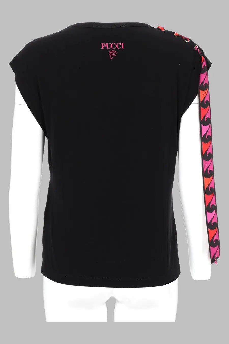 Pucci women’s sleeveless black shirt with vibrant pink and orange patterned ribbon detail on the shoulder