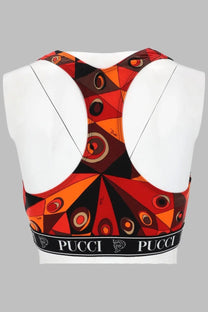 Pucci women’s top bra con stampa orange featuring a vibrant red orange geometric patterned crop top with black accents