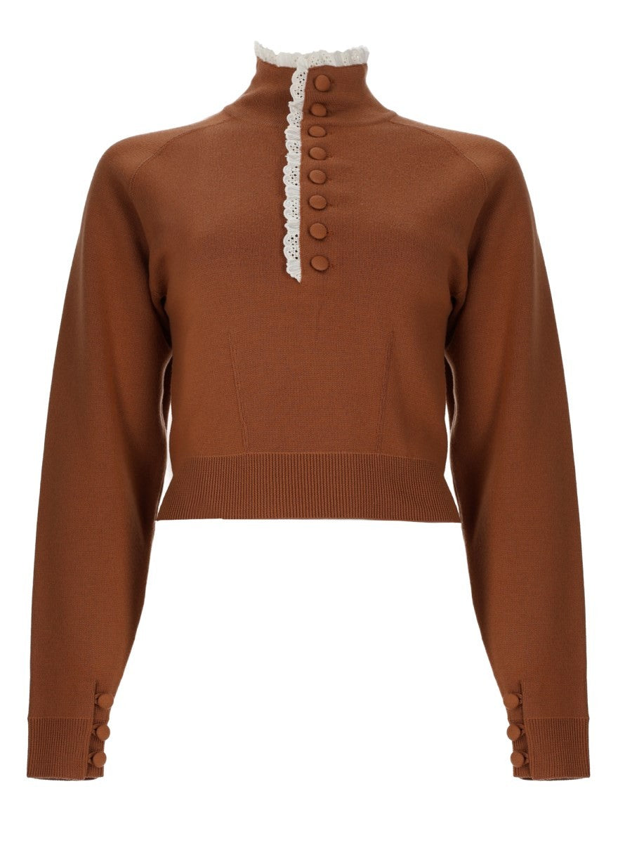 Chloé Women's Pullover Collo Alto in Maglia DI Lana Pizzo Brown