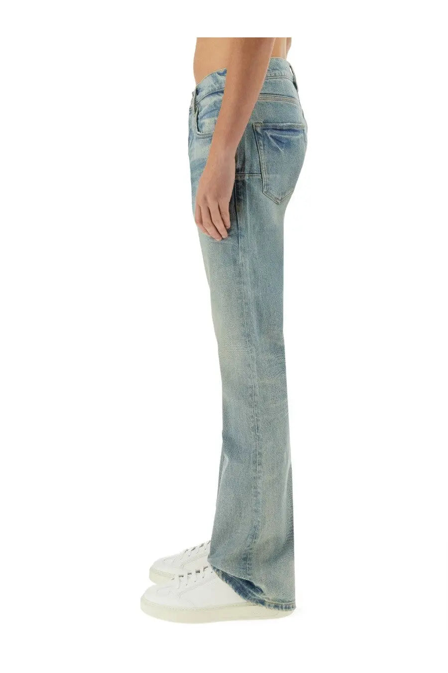 Light-wash coated denim flare jeans for men by Purple Brand with distressed details in blue color