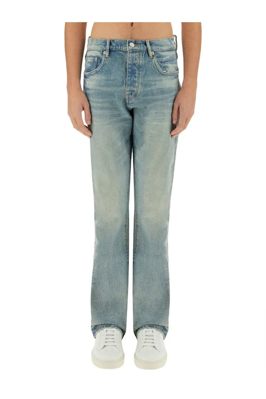 Purple Brand men’s blue coated flare jeans with light-wash denim and faded distressed detailing in a straight-leg cut