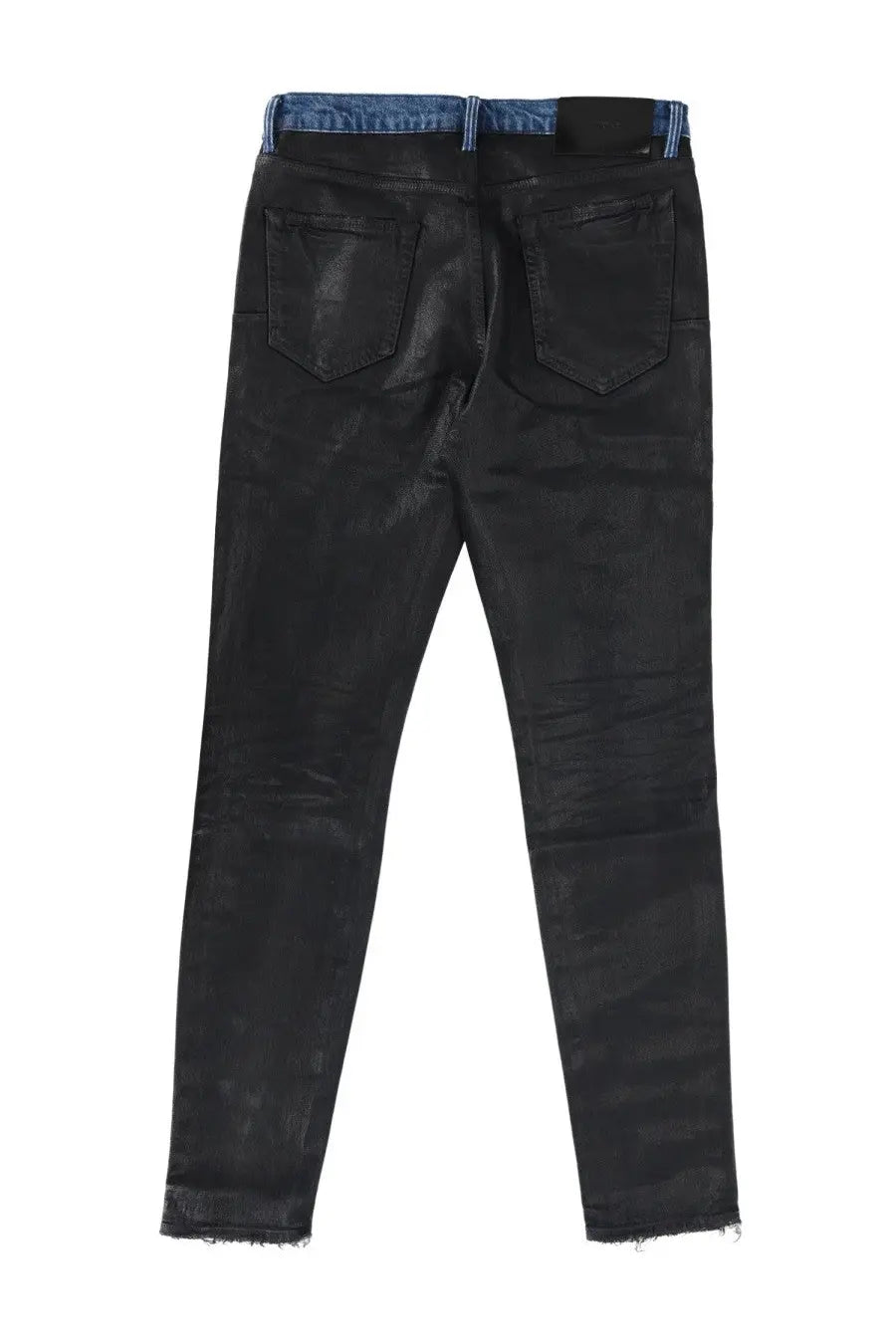 Purple Brand men’s denim pants black in distressed denim with faded blue waistband and frayed hems