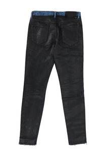 Purple Brand men’s denim pants black in distressed denim with faded blue waistband and frayed hems