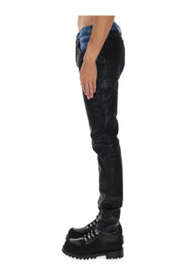 Purple Brand men’s black denim pants slim fit distressed jeans with visible stitching details in black denim material