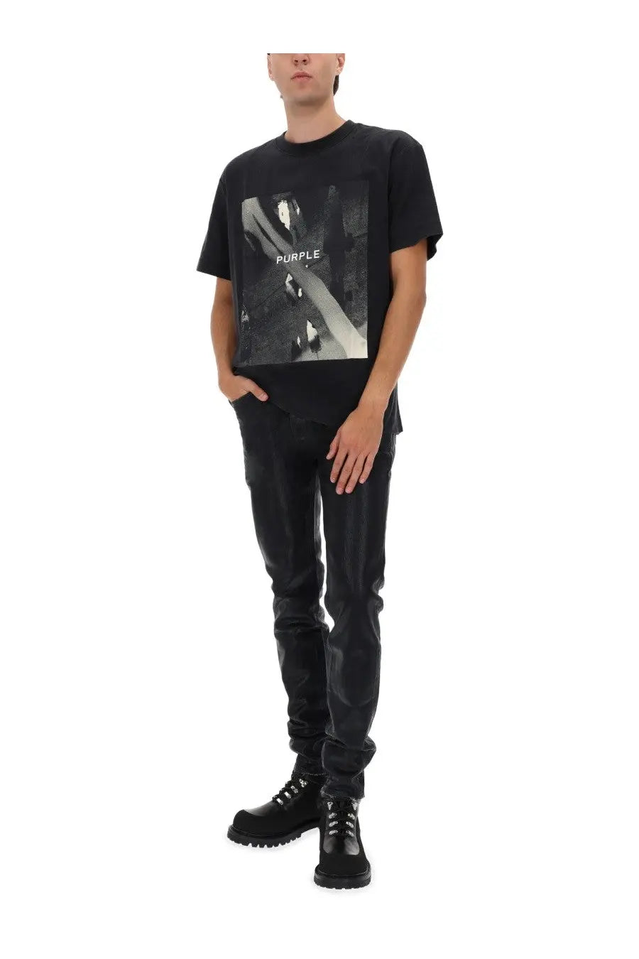 Black graphic tee with a monochrome street scene and white purple text paired with Purple Brand men’s denim pants black