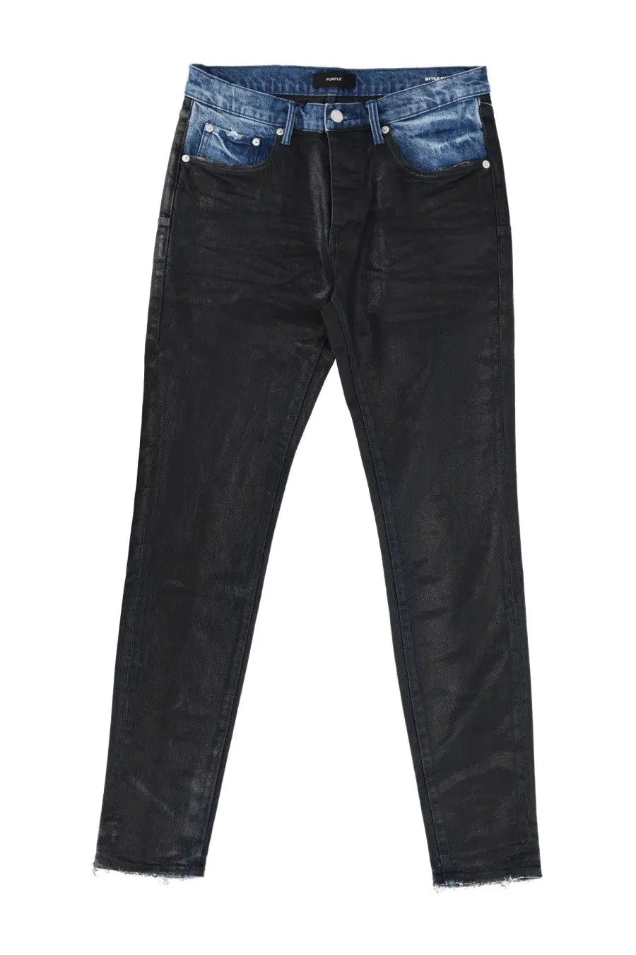 Purple brand men’s black denim pants with contrasting blue waistband and raw hem in black denim material