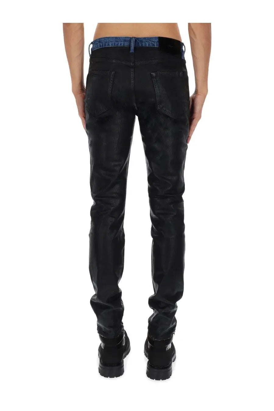 Black leather-look jeans with blue denim waistband from purple brand mens denim pants black product line front view