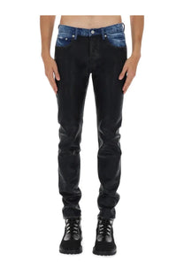 Purple Brand men’s denim pants black slim-fit jeans with contrasting blue denim waistband front view