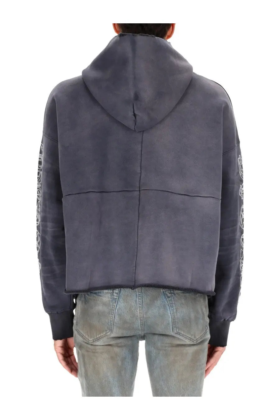 Purple brand men’s hoodie black featuring dark gray suede material with white embroidered sleeve designs
