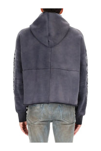 Purple brand men’s hoodie black featuring dark gray suede material with white embroidered sleeve designs