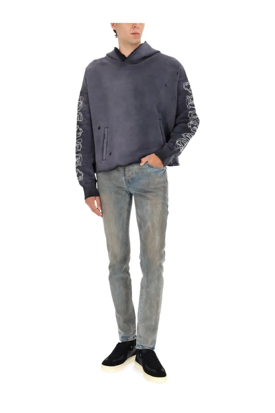 Purple brand men’s black hoodie with dark gray fabric and white embroidered tiger patterns along the sleeves