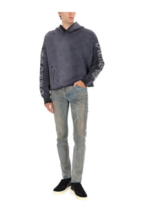 Purple brand men’s black hoodie with dark gray fabric and white embroidered tiger patterns along the sleeves