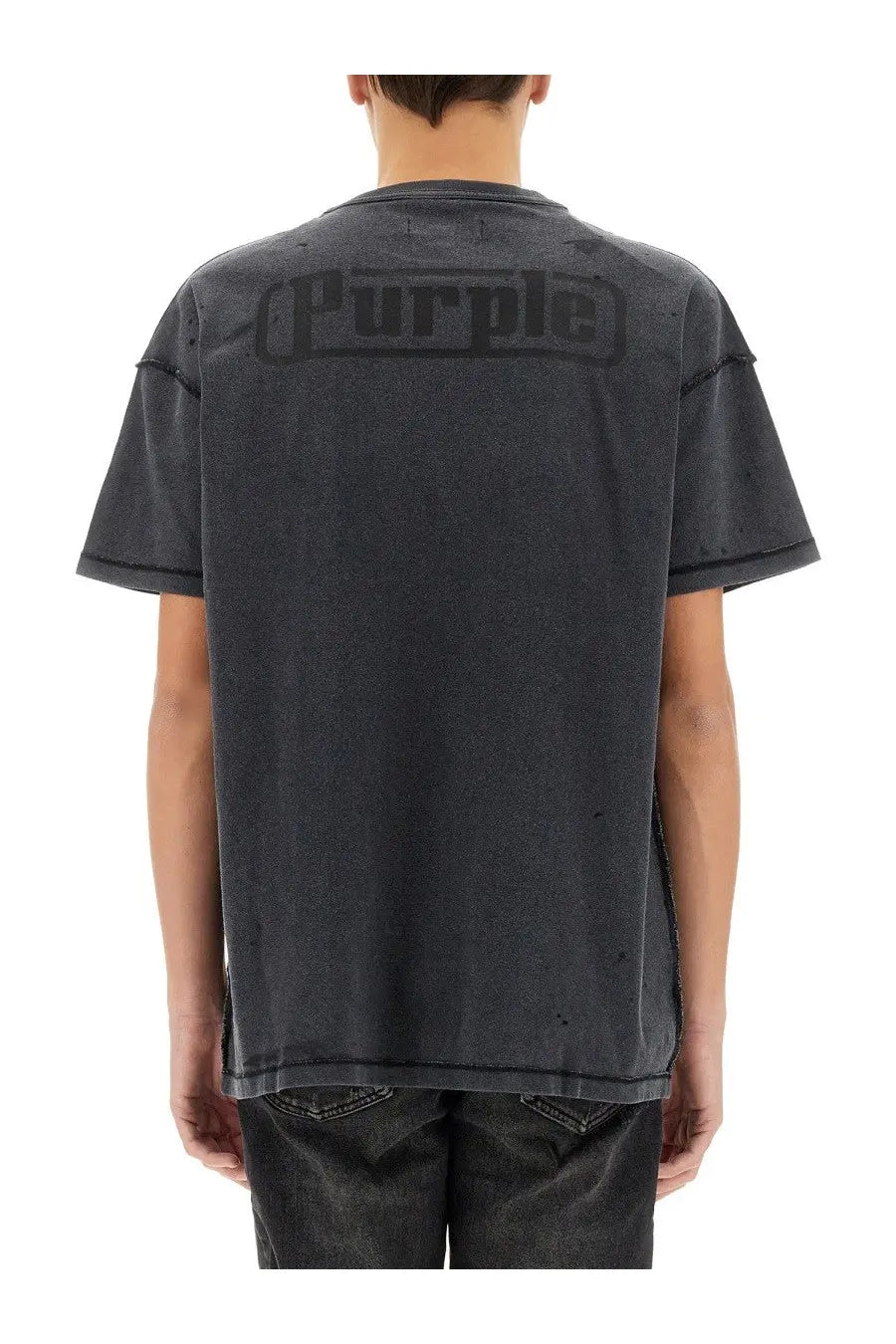 Dark gray distressed cotton purple brand men’s inside out shirt black showing faded purple logo in black on the back