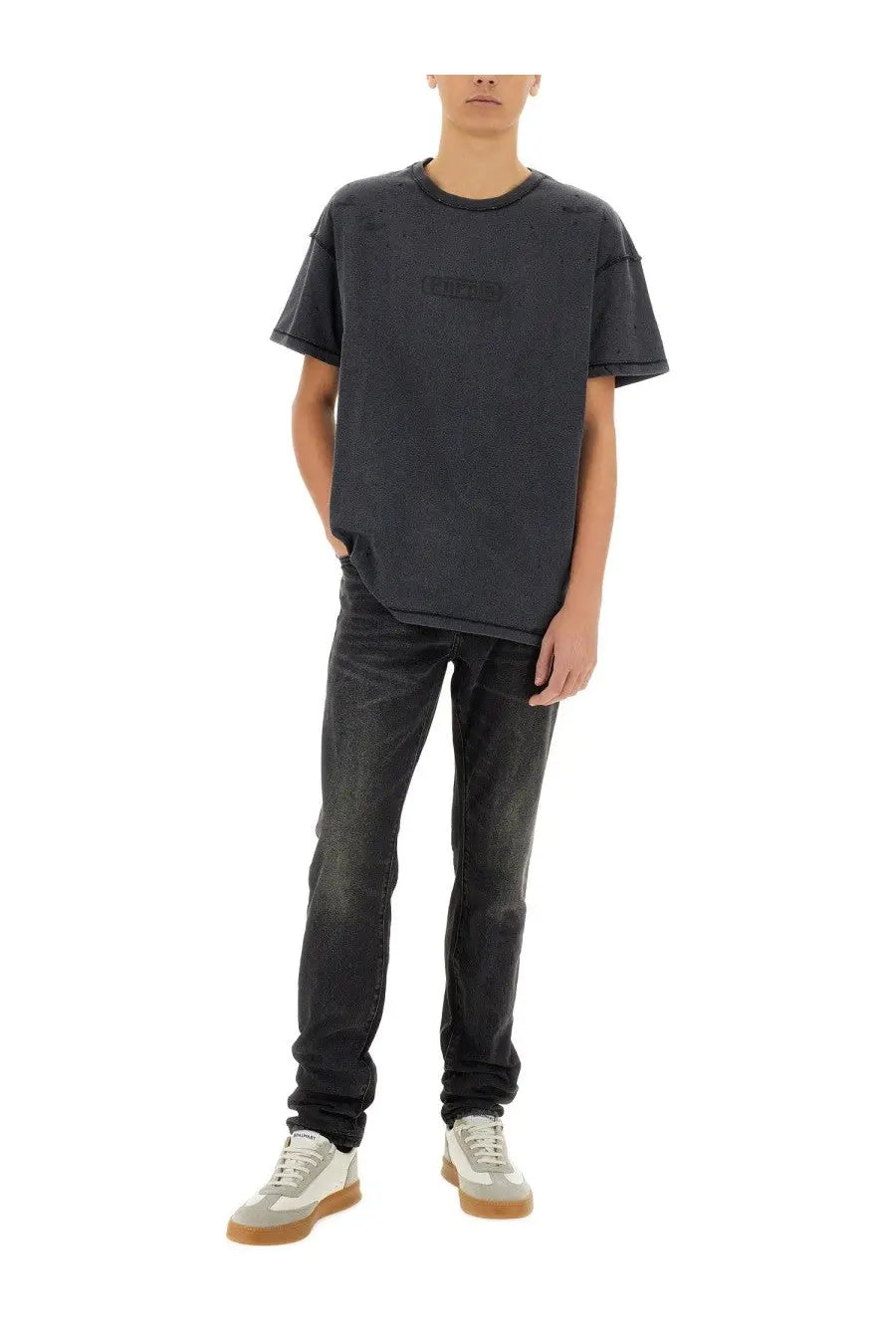 Purple Brand men’s black inside out shirt made of dark gray distressed cotton with a subtle faded chest logo