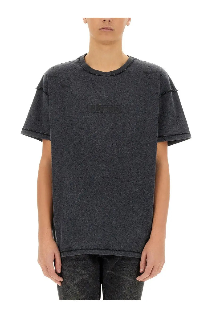 Black distressed cotton t-shirt with subtle embroidered logo across the chest from purple brand mens inside out shirt black