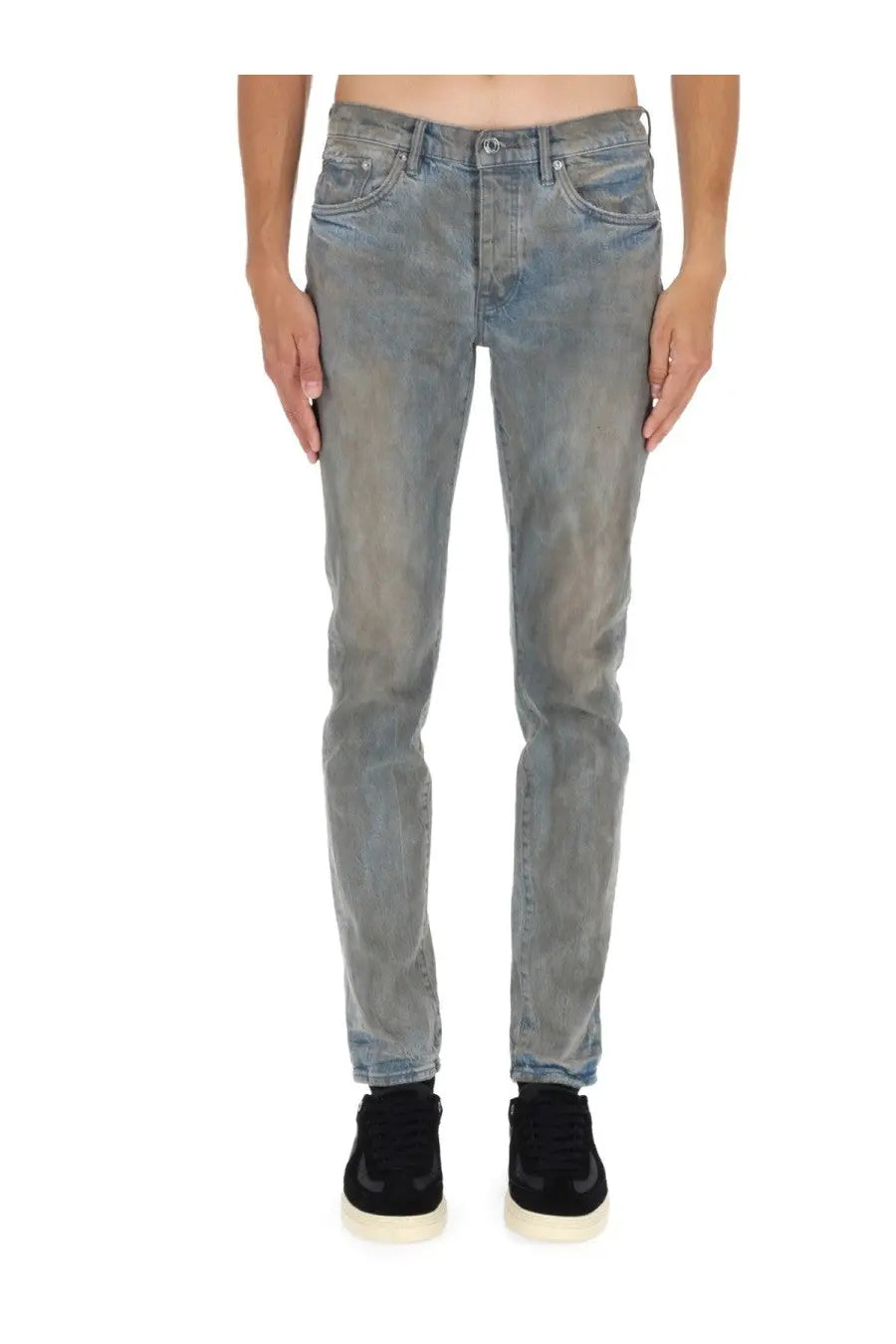Purple Brand men’s slim fit distressed gray denim jeans with a faded wash from the Monterrico Mud Blue collection