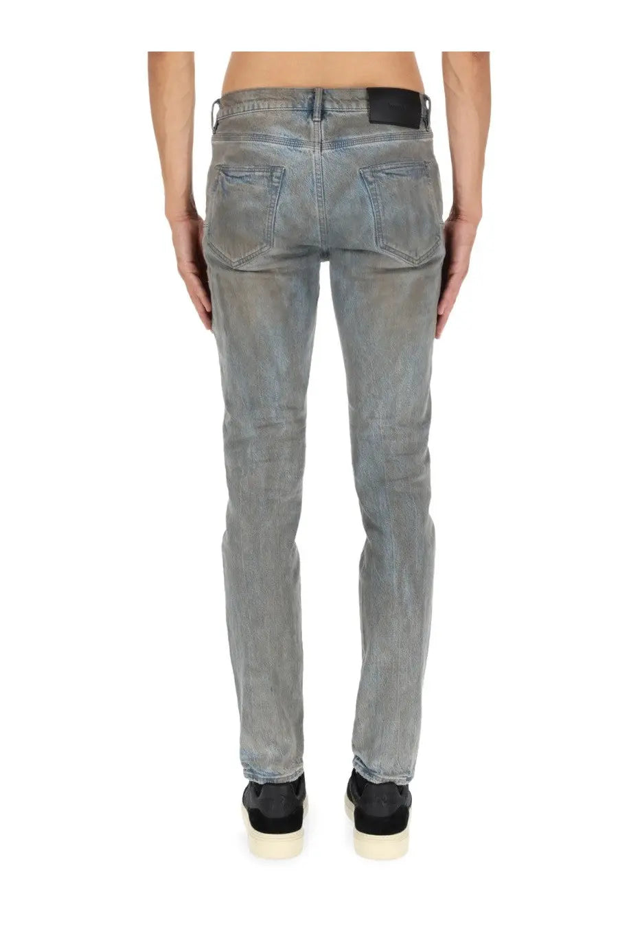 Slim-fit faded gray denim jeans with a black leather patch on the waistband from Purple Brand men’s Monterrico Mud Blue collection