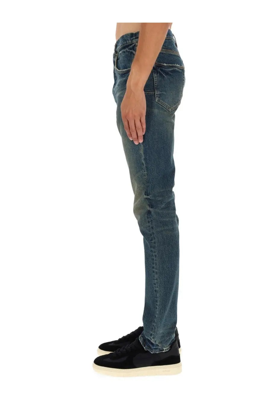 Purple brand men’s slim fit jeans blue in dark-wash denim with subtle fading and classic stitching detailing