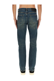 Purple brand men’s slim fit dark-wash denim jeans with straight-leg cut subtle fading classic back pockets and black waistband back view