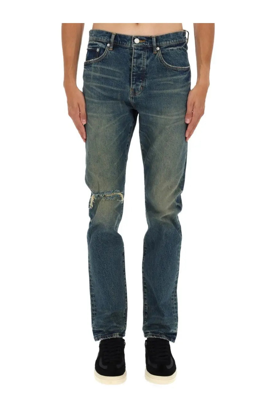 Purple brand men’s slim fit blue denim jeans with distressed faded wash and frayed knee detailing