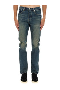 Purple brand men’s slim fit blue denim jeans with distressed faded wash and frayed knee detailing