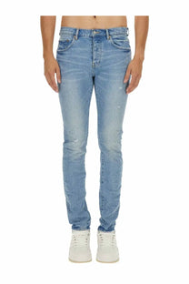 Light-wash denim slim fit jeans with subtle distressing from purple brand mens vintage abrasions blue collection