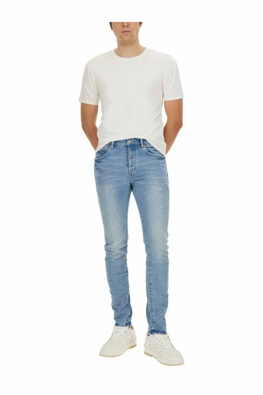 Purple brand men’s vintage abrasions light-wash denim jeans blue with slim fit and subtle distressing details