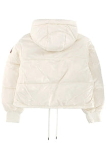 Cream-colored glossy nylon pyrenex unisex down puffer jacket with hood and drawstring in altic white
