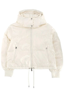 Cream-colored Pyrenex unisex down puffer jacket with hood, front zipper closure, and drawstring waist in Altic White