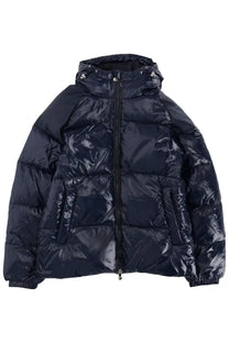 Dark blue glossy Pyrenex unisex down puffer jacket with hood and front zipper for cold weather use