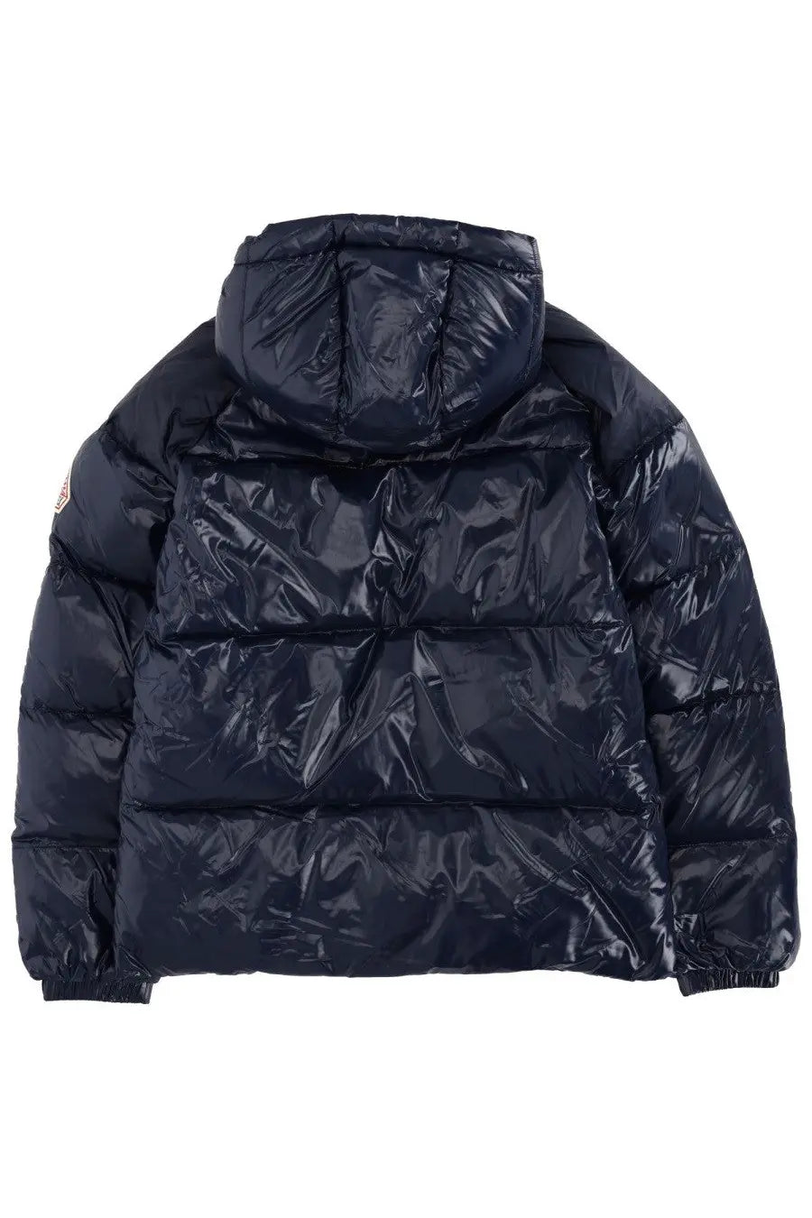 Dark navy blue pyrenex unisex down jacket sten blue with glossy quilted exterior and attached hood