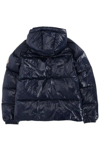 Dark navy blue pyrenex unisex down jacket sten blue with glossy quilted exterior and attached hood
