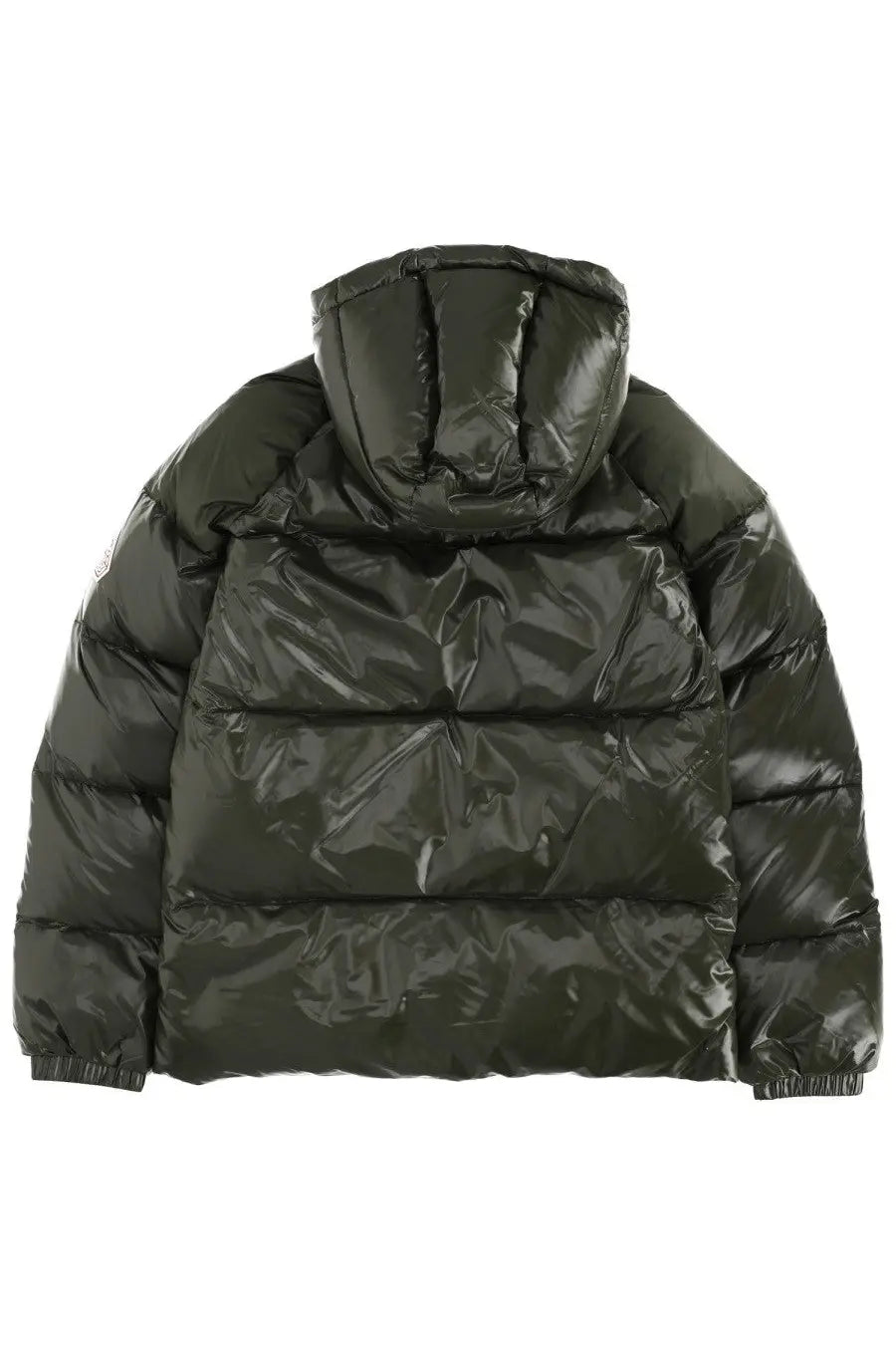 Dark green glossy Pyrenex unisex down puffer jacket with quilted design and hood, front view