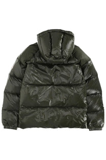 Dark green glossy Pyrenex unisex down puffer jacket with quilted design and hood, front view