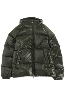 Pyrenex unisex down jacket sten green shiny olive green puffer with hood and front zipper for cold weather