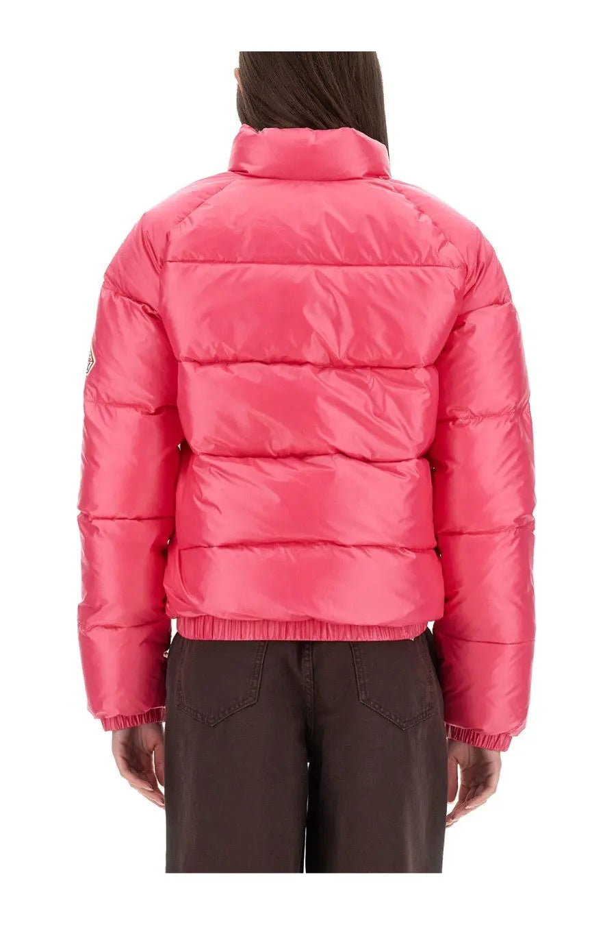 Bright pink pyrenex unisex down jacket with quilted puffer design and elastic cuffs for cold weather