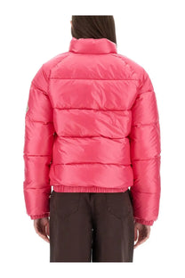 Bright pink pyrenex unisex down jacket with quilted puffer design and elastic cuffs for cold weather