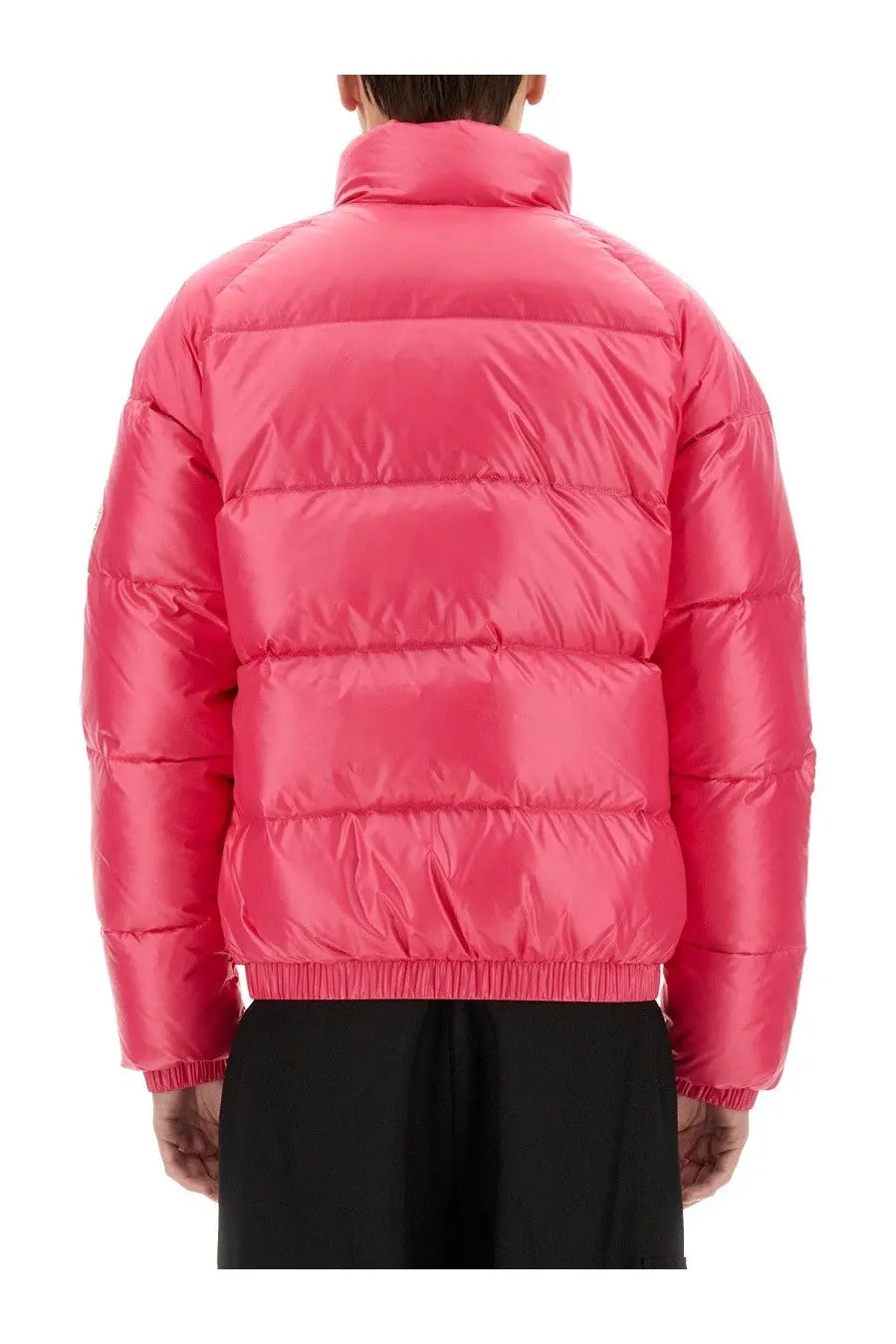 Vibrant pink unisex down puffer jacket with high collar and elastic cuffs by pyrenex vintage mythic blue