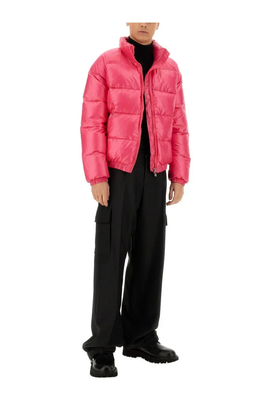 A vibrant pink puffer jacket with quilted design and ribbed cuffs from pyrenex unisex down jacket vintage mythic blue collection