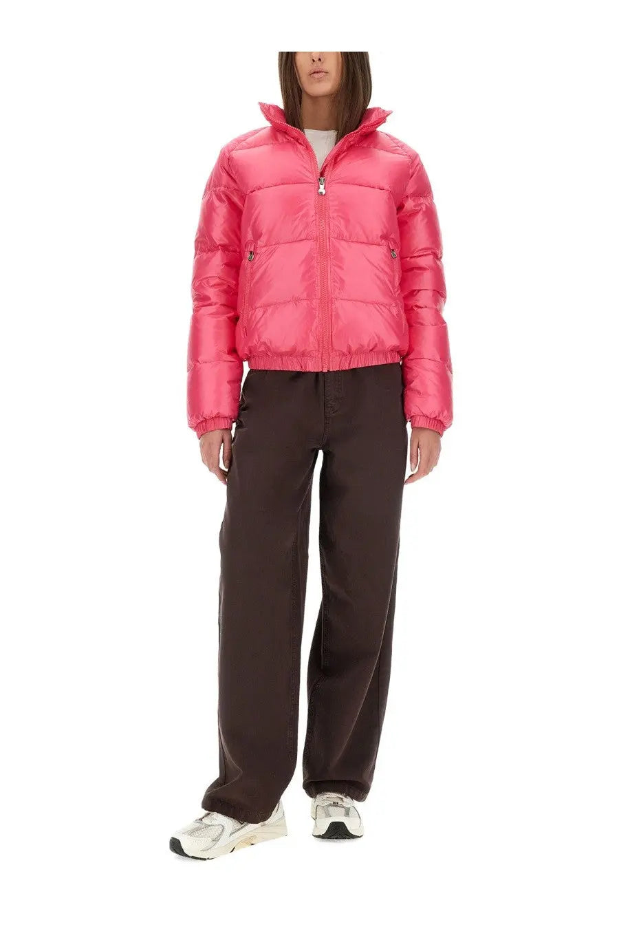 A vibrant pink Pyrenex unisex down puffer jacket with quilted design and high collar for cold weather