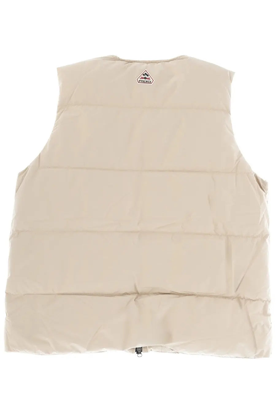 Pyrenex unisex solace vest beige puffer with horizontal stitching and triangular logo patch at the neckline