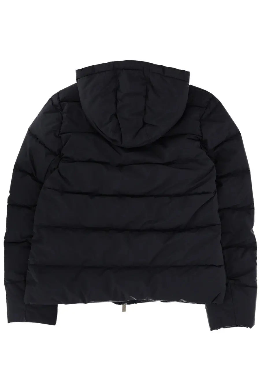 Pyrenex unisex spoutnic coat blue with black hooded puffer design and horizontal stitching for cold weather use