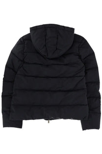Pyrenex unisex spoutnic coat blue with black hooded puffer design and horizontal stitching for cold weather use
