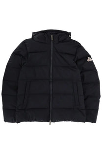 Black quilted puffer jacket with hood and front zipper featuring a small triangular logo patch on left sleeve