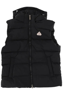 Pyrenex unisex spoutnic black puffer vest with hood quilted design and small triangular logo patch on chest