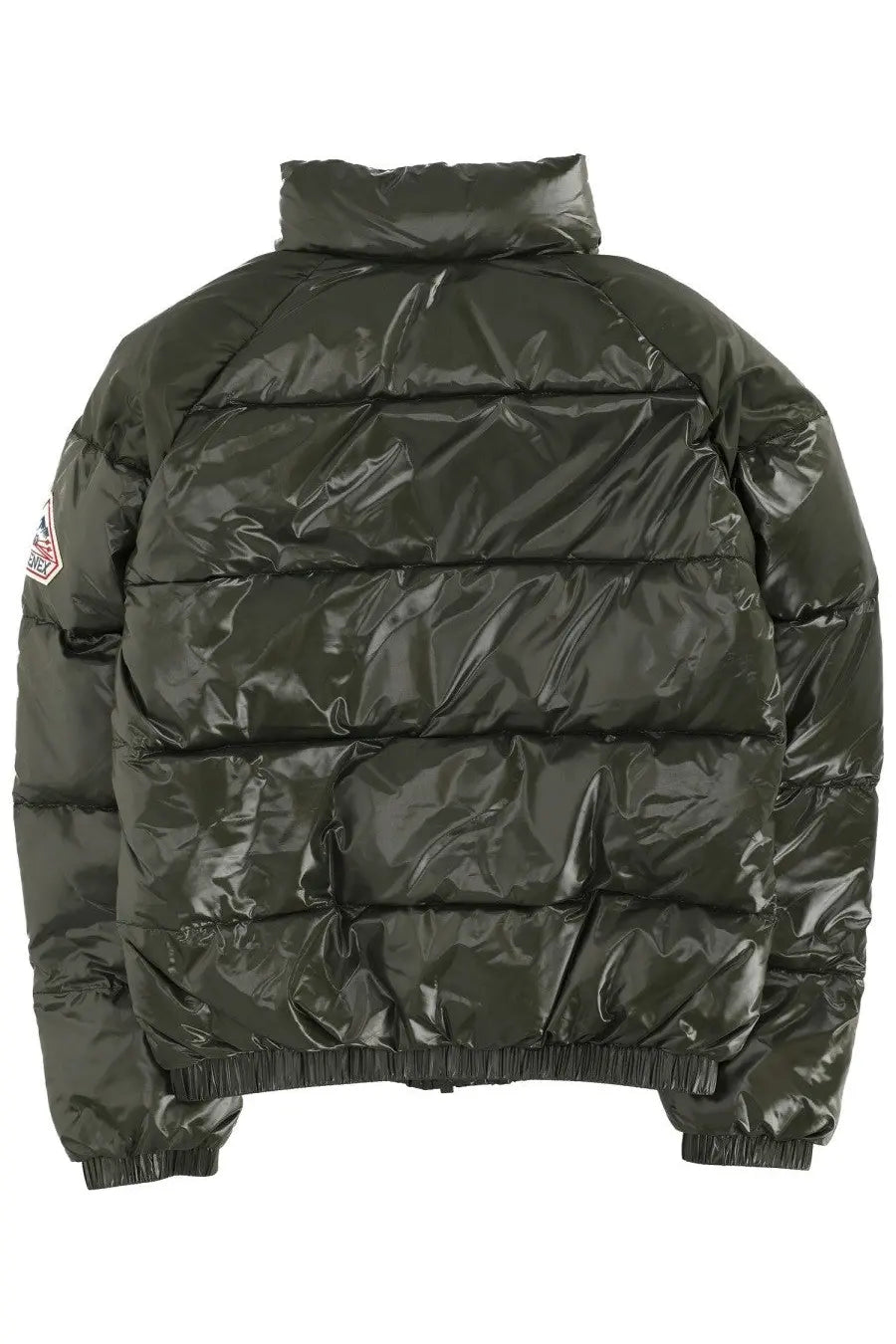 Dark olive green Pyrenex unisex vintage mythic puffer jacket with glossy quilted finish and ribbed cuffs