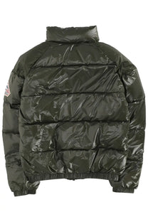 Dark olive green Pyrenex unisex vintage mythic puffer jacket with glossy quilted finish and ribbed cuffs
