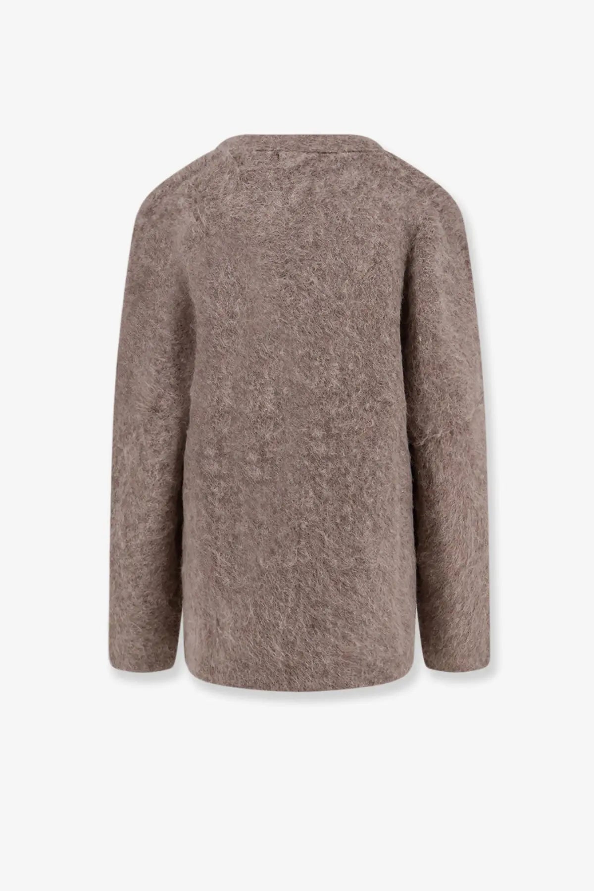 R2W women’s alpaca blend cardigan beige long-sleeved taupe fuzzy sweater with soft textured knit front view