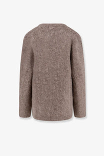 R2W women’s alpaca blend cardigan beige long-sleeved taupe fuzzy sweater with soft textured knit front view