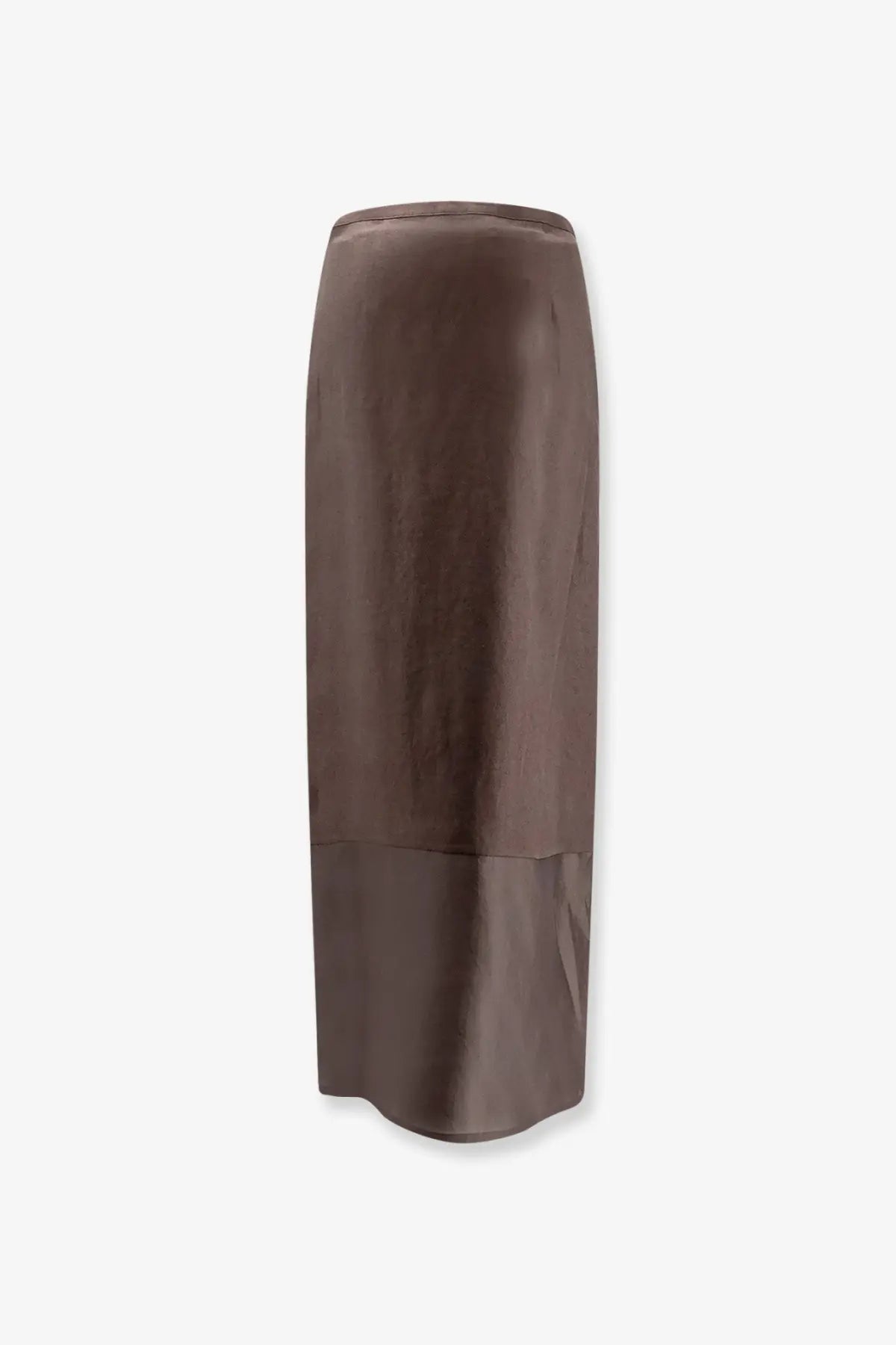 R2W women’s amora linen skirt brown is a sleek chocolate brown satin midi skirt with smooth flowing drape and seam detailing